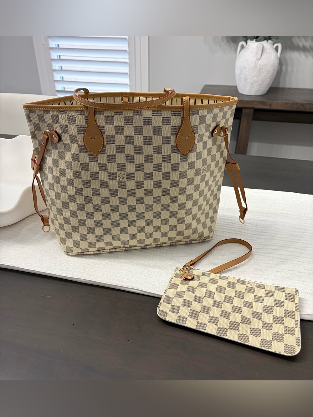Designer inspired checkered Tote bag with matching Wristlet